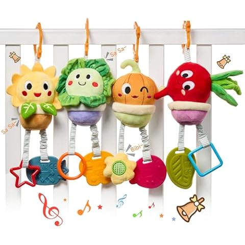TUMAMA Baby Toys 0 3 6 12 Months, Soft Hanging Stroller Toys Potted Plant Crib Car Seat Toys, Infant Newborn Crinkle Infant Rattles with Teether Squeaky Sensory Developmental Toy Cover
