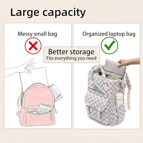 Image of Corduroy Laptop Backpack for Women 15.6 Inch Stylish College School Bookbag, Business Work & Travel Computer Backpacks (Checkered Purple)