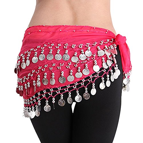 YiLang Ceinture Danse Orientale Femme Fille Foulard Danse du Ventre Belly Dance Soie Foulard à Sequin Écharpe Déguisement, rojo rosa, Talla única