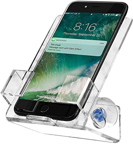 House Ur Home Updated Stronger Bathtub & Shower Cell Phone Case Stand Holder Caddy Tray Mount Two Powerful Strong Suction Cups Phones I Phone Galaxy. Clear Acrylic One Year Warranty