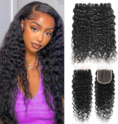Water Wave Bundles with Closure 12A Bundles Human Hair Ocean Wave Wet & Wavy Human Hair Bundles with Lace Closure 100% Human Hair Extensions Remy Hair Bundles (10 12 14+10inch)