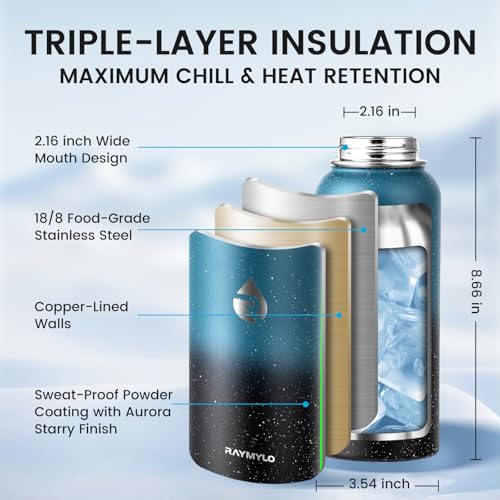 Image of RAYMYLO Insulated Water Bottle 32 oz, Triple Wall Vacuum Stainless Steel (Cold for 24Hrs, Hot for 12Hrs), Leak Proof & Non-BPA, Modern Water Flask Jug with Paracord Handle & Straw Spout Lids