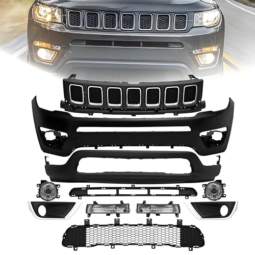 PENSUN Front Bumper Kit for 2017-2021 Jeep Compass Limited Latitude Sport, with Bumper Grille, Fog Lights, DRL OEM68499103AA, Fascia Primed