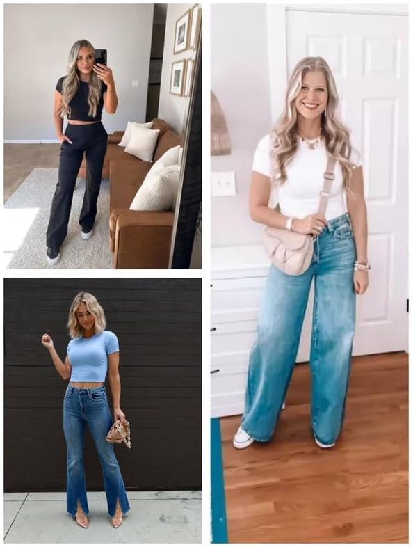 Allimy Womens Summer Short Sleeve Slim Fitted Tshirt Round Neck Ribbed Crop Tops - Image 7