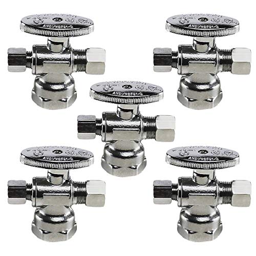 Image of Midline Valve 86311QS-OM-5 Water Supply Angle Stop Valve; Dual Outlet; Quarter Turn Wheel; for Toilet, Sink, Dishwasher; 1 /2'' FIP x 3 /8'' x 3 /8'' Compression; Chrome Plated Brass (5 PK)