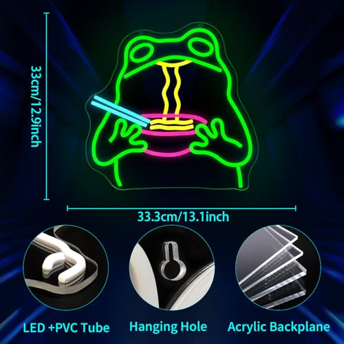 Image of Neon Sign, JGHTURIE Frog Dimmable Neon Signs for Wall Decor, Cute Funny Frog Ramen Light up Led Sign for Room, Kitchen, Shop, Bar, Birthday, Party & Home Decor - USB Powered