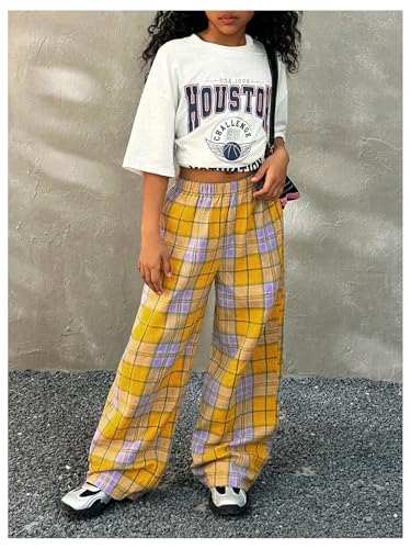 OYOANGLE Girl's Plaid Elastic Waist Pants Straight Leg Long Trousers4