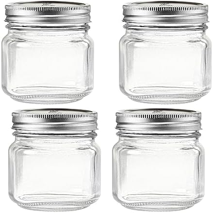 Regular Mouth Mason Jars 8 oz - (4 Pack) - Regular Mouth 8-Ounces Mason Jars With Ball Airtight lids and Bands - For Canning, Fermenting, Pickling, Freezing - Glass jar, Microwave & Dishwasher Safe