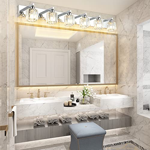 Image of Aipsun Bathroom Vanity Light Crystal Vanity Lighting Fixtures 6 Lights Chrome Vanity Light for Bathroom (Exclude Bulb)