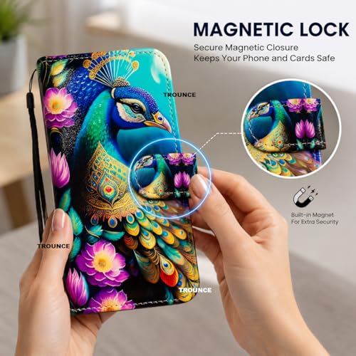 Image of TROUNCE Peacock Print Leather Flip Phone Case Wallet Cover with Card Slot Holder Kickstand for Vivo V20 Multicolor
