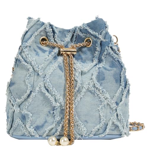 Extolove Bolsa jeans feminina acolchoada com cordão, bolsa Hobo, bolsa tiracolo, Azul