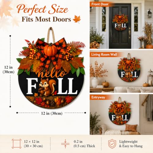Image of Fall Wreaths for Front Door Hello Fall Squirrel Door Hanger Thanksgiving Decor (Cute Hello Fall)