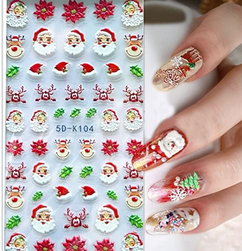 5D Christmas Nail Art Sticker White Self-Adhesive Snowflakes Reindeer Snowman Nail Art Decoration Sticker Charms Nail Design Gel Polish Manicure Sliders Decals(6 Sheets)