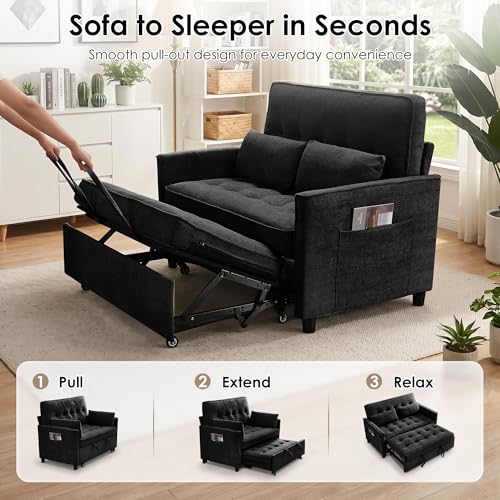 Image of Dreamzie 55'' 3 in 1 Convertible Sofa Bed with USB Charging Ports, Pull Out Couch with Adjustable Backrest and Side Pockets, Sleeper Sofa for Living Room, Apartment, RV, Easy Assembly - Black