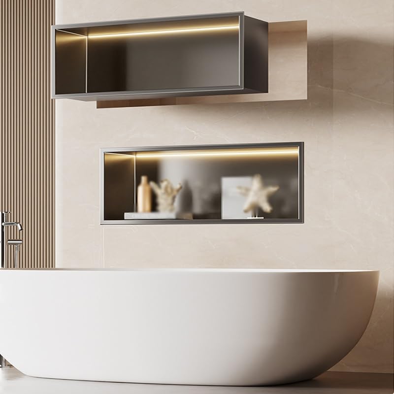 Badezimmerwand aus Edelstahl mit LED-Beleuchtung – 32 x 32 x 12 cm Dusche, Sto Solut, modernes schwarzes Design für Feuchtraum