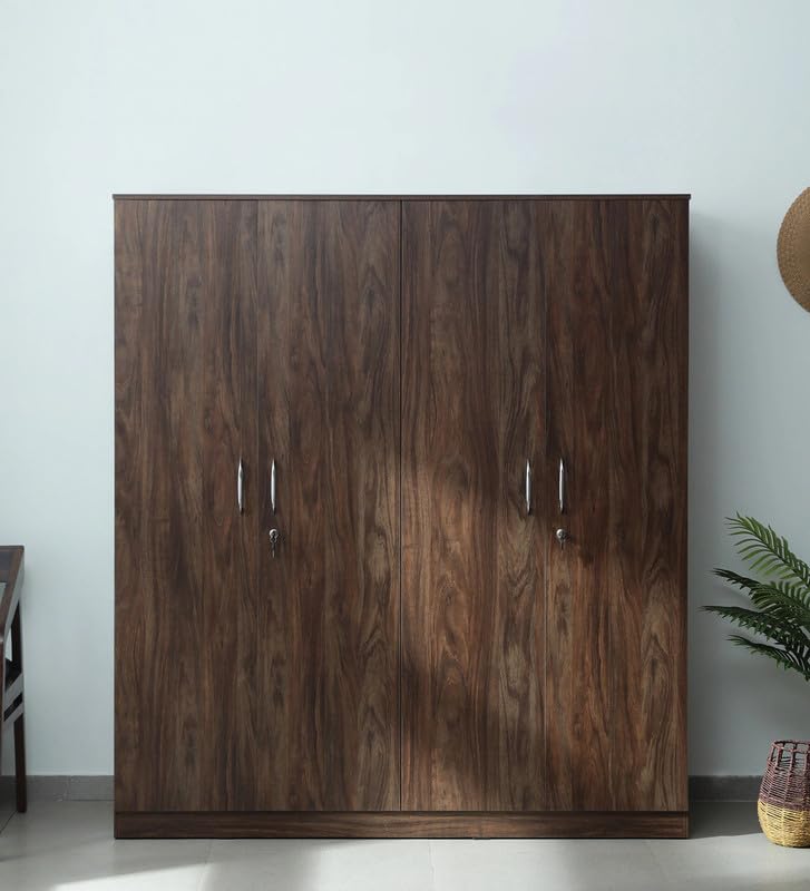Image of Mintwud Pepperfry Engineered Wood Wardrobe with 4 Doors Storage | Wooden Almirah for Living Room Bedroom Furniture | Storage Organizer Cabinet Cupboard for Clothes (Natural Walnut Finish)