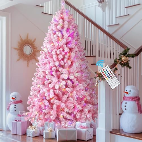 SHareconn 6ft Prelit Snow Flocked Spruce Artificial Christmas Tree with Remote (Upgraded), 330 Pre-Lit Multi-Color RGB Lights, Full Snow Branch Tips for Home, Office, Xmas Decoration, 6 FT Pink