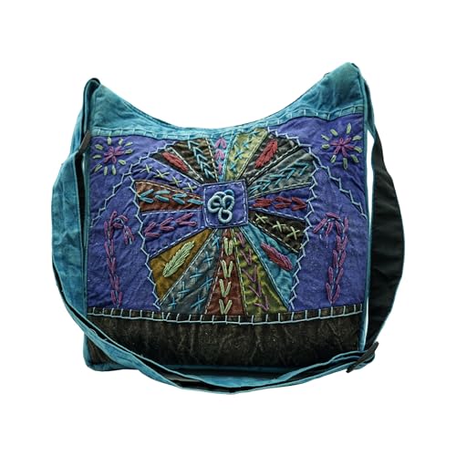 Cotton Crossbody Messenger Bag, Handmade Boho Design, 12 x 11 x 3 inches, 60-inch Strap, Purple and Teal