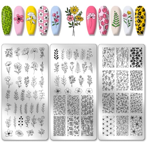 PH PandaHall 3pcs Plants Nail Stamping Plates, 77 Patterns Flower Leaf Nail Art Templates Floral Nail Art Stencil Stainless Steel Nail Image Plates for Women Nail Design Print Manicure Salon Spring