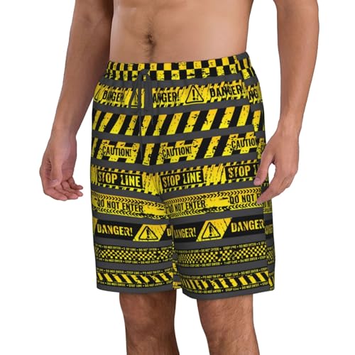 Mens Quick Dry Swim Trunks Beach Pants Board Shorts Bathing Suits, Danger Caution Warning Police Stripe2