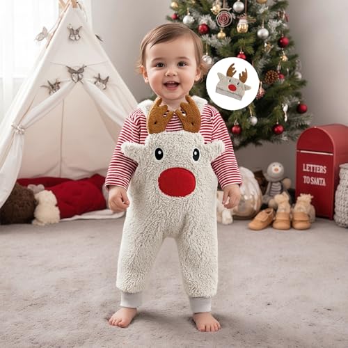Image of Baby Boy Christmas Outfit Elf Newborn Romper Pants Set With Hat | Long Sleeve Bodysuit, Striped Romper Overalls Set, Baby Boy Elf Outfit, Fall Winter Clothes With Hat, My First Christmas.