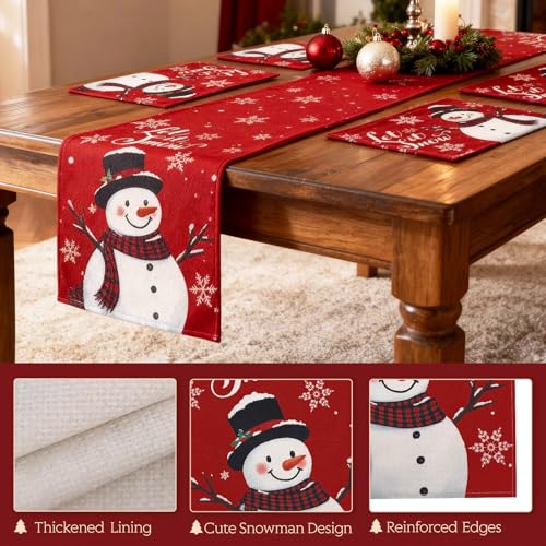 Christmas Placemats Set of 4, 12 x 18 Inch Snowman Placemats with 13x72 Inch Snowman Table Runner Let It Snow Placemats Washable Table Mat for Christmas Kitchen Dining Table Decorations by Miucat - Image 6