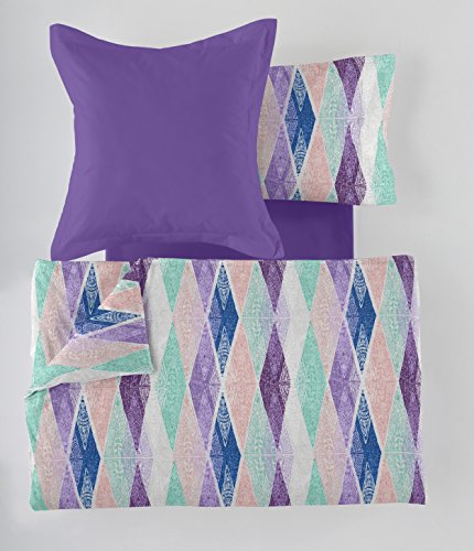 ESTELIA - Juego de Funda nórdica Estampada RUBÍ (5 Piezas) - Color Lila - Cama de 135/140 cm. - 50% Algodón / 50% Poliéster - 144 Hilos
