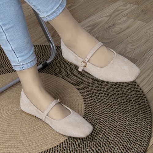 Women's Mary Jane Flats with Easy Buckle Comfortable Closed Square Toe Slip On Flat Shoes for Women Daily Office Casual Retro Suede Ballet Shoes4