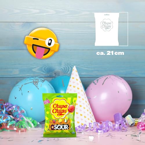 Chupa Chups saure Lutscher, Nachfüll-Beutel mit 10 extra sauren Frucht-Lollis in den drei Geschmacksrichtungen Apfel, Erdbeere, Zitrone, geeignet für Geburtstag, 10 x 12g