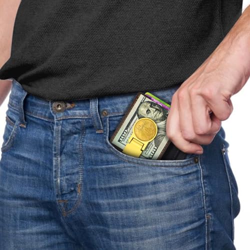 Men's front pocket leather Money Clip Wallet with hinged wallet inlaid with brass coins Classic minimalist Style Cardholder for Cash and Cards (Dark Brown and Gold 03)2