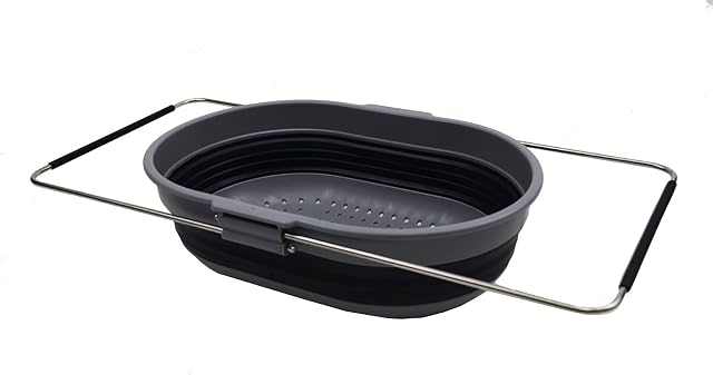 SAMMART 5L Expandable & Collapsible TPE/PP Over The Sink Oval Colander (Dark Grey/Black)
