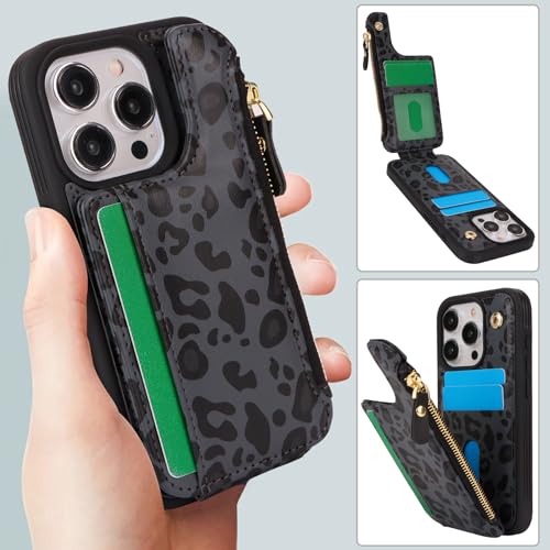 Image of Cavor for iPhone 13 Pro Case with Card Holder,for iPhone 13 Pro Wallet Case for Women Men,Leather Magnetic Clasp Zipper Pocket Protective Phone Cover-Leopard Black