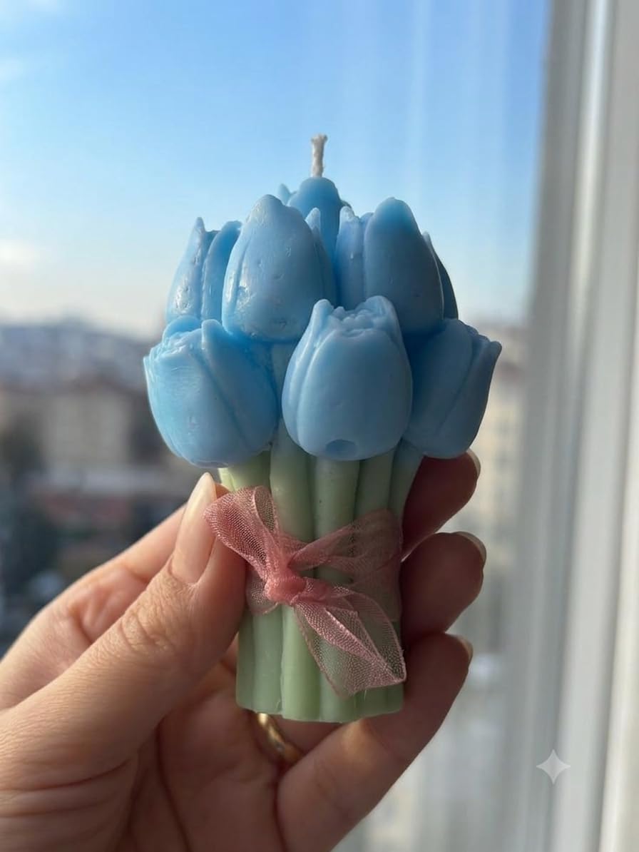 Candle Glow-Handmade Tulip Bouquet Candle – Decorative Floral Pillar Candle for Home Decor, Spring Gift, and Centerpiece – Scented Soy Wax Art (Sky Blue)-image-13