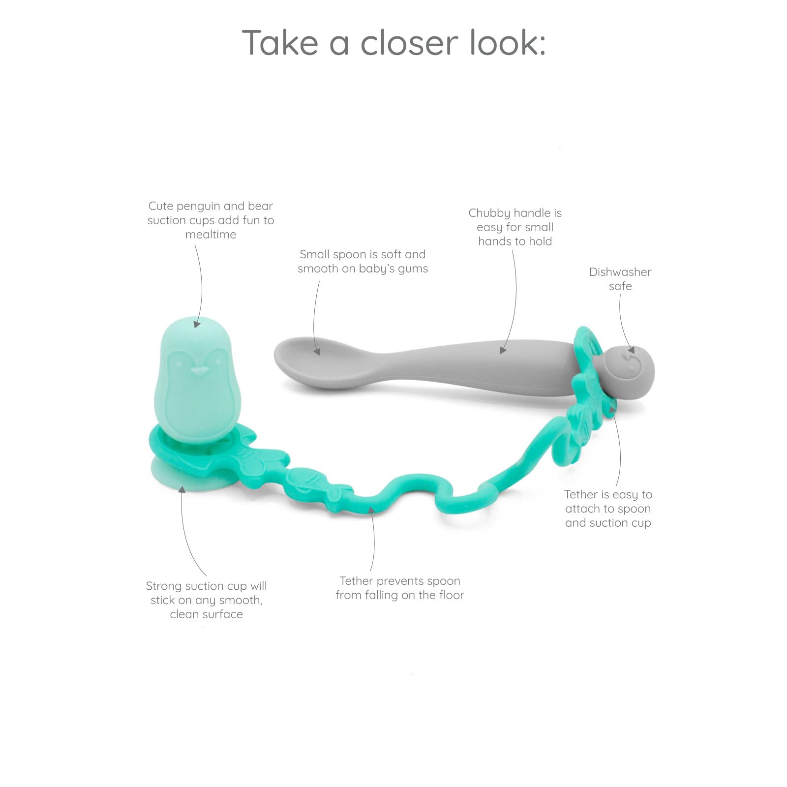 321 Grow • Easy Learn Baby Spoon & Tether Set • Baby Spoon with Tether for Babies and Toddlers • Keeps Spoon Off Floor • Ages 6 mo+ • Dishwasher Safe (Penguin, Plum)