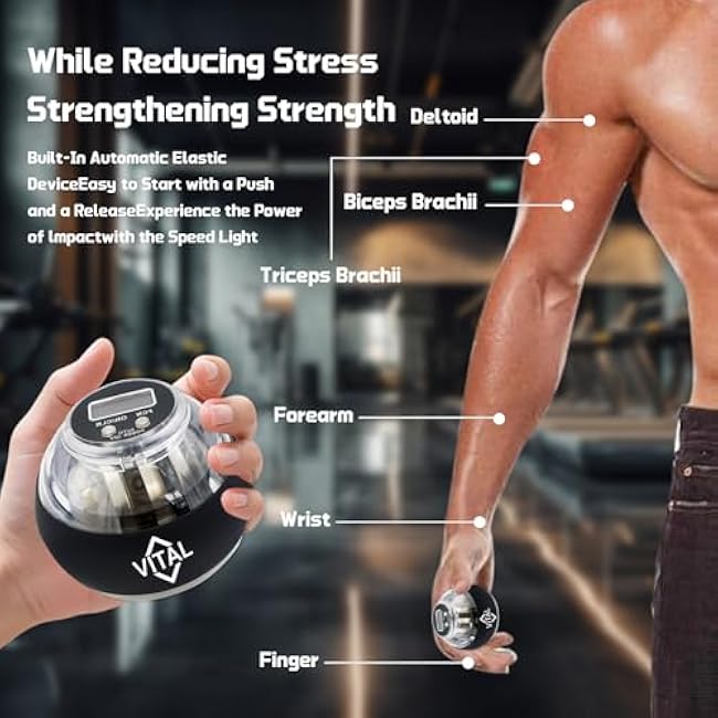 Ball, Vital Wrist Hand Exerciser Official, Gyro Ball Wrist Exerciser, Auto-Start Wrist and Arm Training Device with LED Lights, For Strengthen Grip Strength, Arms, Bones, Muscle