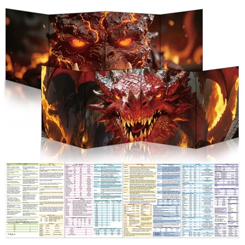 Byhoo DM Screen 2 PCS for D&D 5E - Immersive DND DM Screen Accessories - Magma Colossus & Crimson Dragon Lord, Dry Erase Surface with Stands, Portable Tri-Fold A4 Size for Player's Handbook