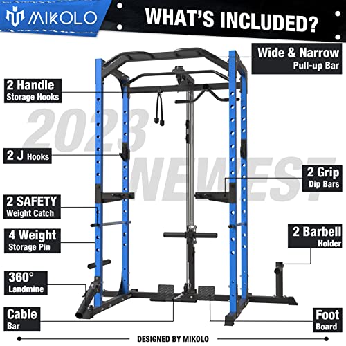 Mikolo Power Cage With Lat Pulldown System, 1200 Pounds Capacity Power Rack With 1500Lbs Red Barbell, Multi-Functional Squat Rack With 13-Level Adjustable Height And J-Hooks, T-Bar, F4-Blue #TOP2