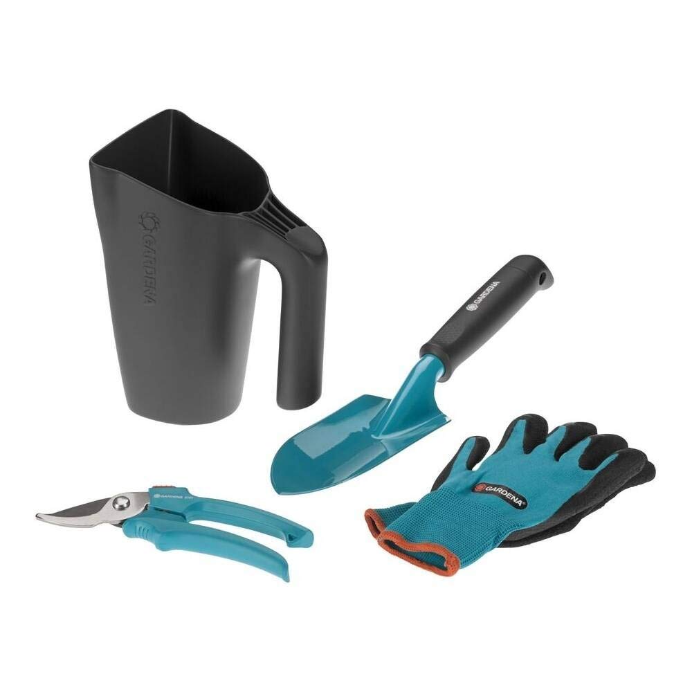 Kit outils de jardinage sur balcon de Gardena : kit jardinage 4 pièces pour l’entretien du jardin, transplantoir robuste, réservoir en plastique, paire de gants de jardinage 8/M (8966-30)