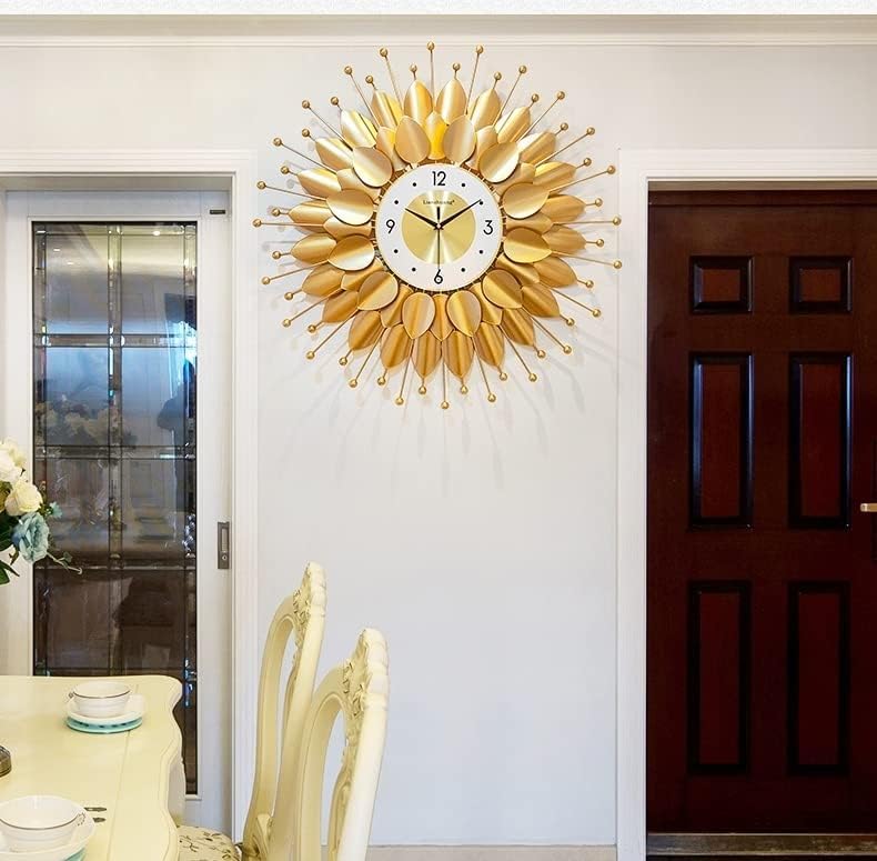 Image of European Style Luxury Living Room Analog Silent Creative Personality Metal Large Clock Sunflower Simple Modern Art Wall Decorative Clock (Petal Sun Clock 70x70cm)
