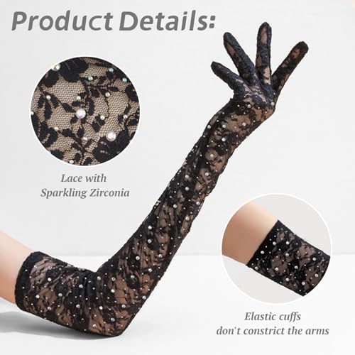 Black Lace Arm Sleeves for Women, Sparkling Lace Gloves for Wedding Tea Party Pattern Engagement Dress3