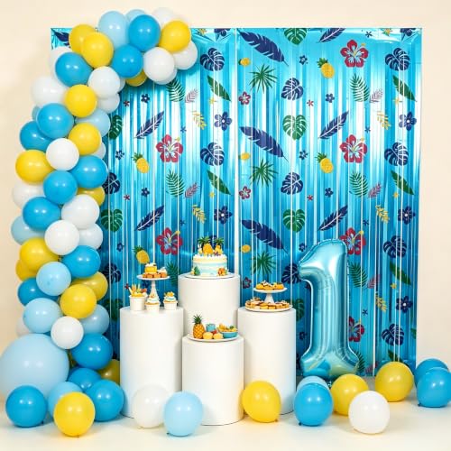 Image of TONIFUL 2Pcs Blue Hawaiian Metallic Tinsel Foil Fringe Curtain Streamer