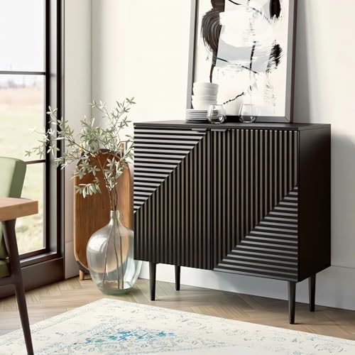 Image of Prism Pattern Wooden Sideboard Cabinet | 2 Door Storage Unit with Metal Legs | Premium HDMR Wood Console Cabinet for Living Room, Kitchen & Dining | DIY Leg Assembly(Black)
