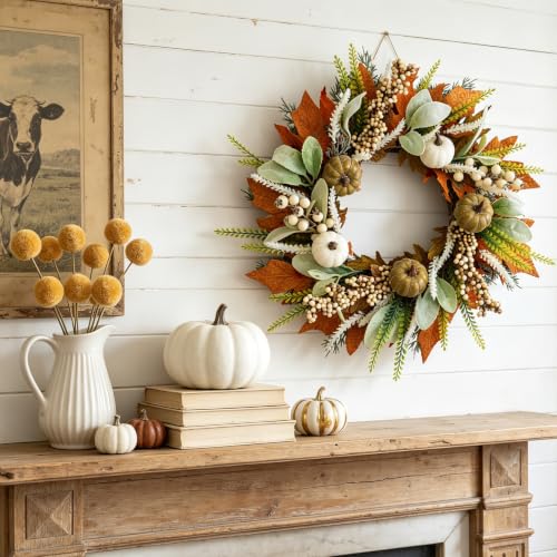 Image of 18 Inch Fall Wreath Maple Leaf Pumpkin for Front Door | Autumn Wreaths with Maple Leaves, Berries & Lamb's Ear for Thanksgiving Halloween Decoration, Indoor Outdoor Fall Decor
