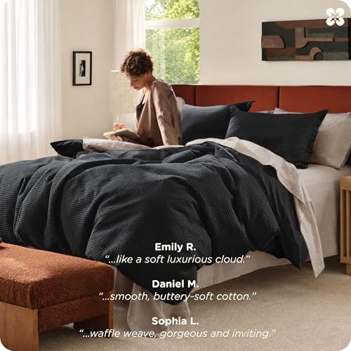 Image of Bedsure Cotton Duvet Cover Set - 100% Cotton Waffle Weave Black Duvet Cover Oversized King Size, PureWoven Breathable Bedding Set for All Season, 3 Pieces, 120 inchx98 inch