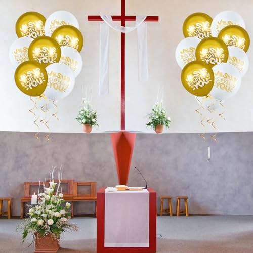 Image of Gejoy 60 Pcs Jesus Loves You Balloon 12 Inch Latex Christian Religious Jesus Balloon Party Decor for He Is Risen Party Decor Favor Cross Church Event Birthday Sunday Supplies(Gold White)