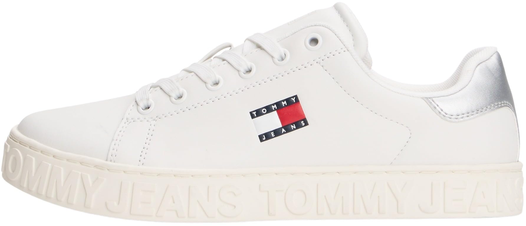 Tommy Hilfiger Women's White Leather Sneaker Silver - Sneakers - 8 Uk- Shoes