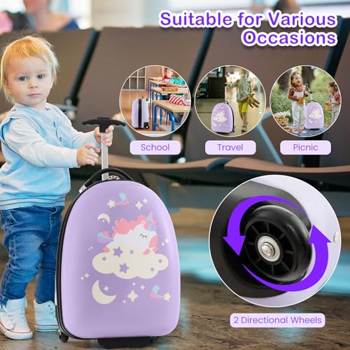 HONEY JOY Kids Luggage, 16” Children Rolling Suitcase w/Wheels & Telescopic Handle, Hard Shell Lightweight Travel Luggage for Toddlers, Carry On Luggage with Wheels for Boys Girls(Purple Unicorn)3