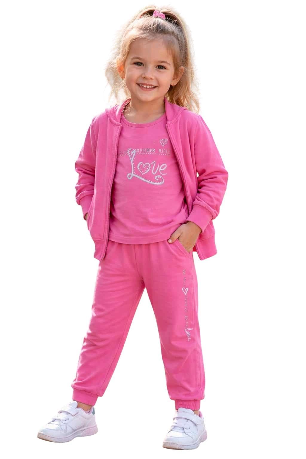 IDO Completo tuta bambina 4 anni - 104 cm con felpa zip pantalone e t-shirt color rosa con cuoricini in strass