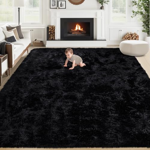 Image of 8x10 Area Rugs for Living Room: Fluffy Shag Soft Washable Rug Large Fuzzy Plush Indoor Carpet for Bedroom Nursery Playroom Kids Girls Boys Room (Black, 8'x10')