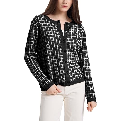 Image of Women's Long Sleeve Crew Neck Plaid Cardigan Sweaters Open Front Button Down Classic Knit Soft Coat Tops
